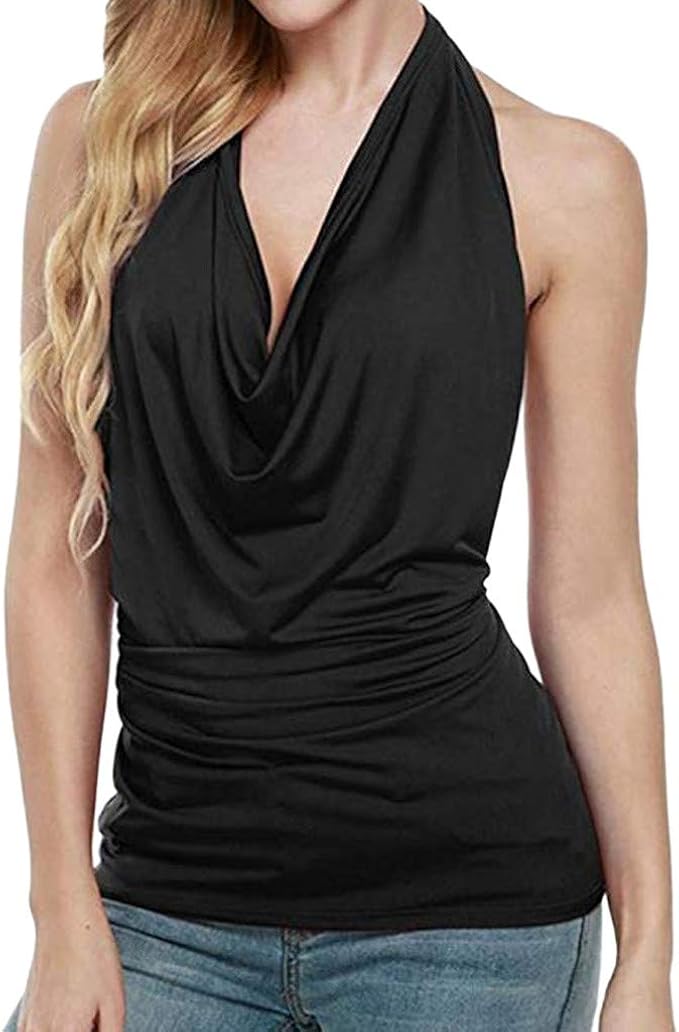 Yivise Women's Casual Halter Cowl Neck Tops Sleeveless Draped Solid