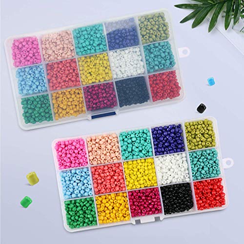 Phogary 9000pcs Glass Seed Beads, Mixed Colors Small Pony Beads Assorted Kit Opaque Colors Lustered Loose Spacer Beads, 3mm Round, Hole 1.0mm for Jewelry Making, DIY Crafting (15 Colors)