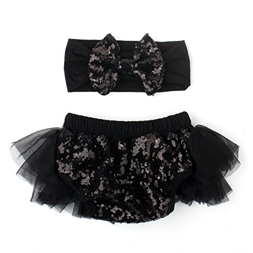 Slowera Baby Girls 2PCS Sets Cotton Tulle Sequins Diaper Cover Bloomers and Headband (Black Black, L: 12-24 Months)