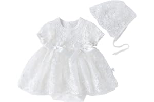 IBAKOM Newborn Infant Baby Girl Toddler Christmas Birthday Outfits Flower Print Soft Christening Baptism Dress with Bonnet