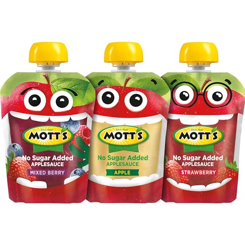 MOTT’S NO SUGAR ADDED APPLESAUCE VARIETY PACK, 3 FLAVORS – APPLE, STRAWBERRY & MIXED BERRY, MADE FROM REAL FRUIT, NO ARTIFICIAL FLAVORS, 3.2 OZ CLEAR POUCHES, 20 PACK