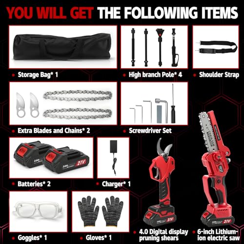 6 Inch Cordless Chainsaw Telescopic & 55 mm Cordless Pruning Scissors, 4-in-1 Chainsaw Kit and Scissors with 2 x 2000 mAh Batteries, Maximum Range of Up to 4.5 m