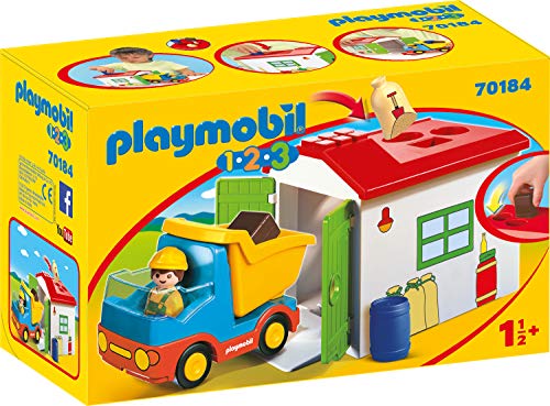 PLAYMOBIL 1.2.3 70184 LKW mit Sortiergarage, LKW durch Garagendach mit passenden Löchern für Ladung befüllbar, ab 1,5 Jahren
