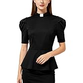 Womens Church Clergy Shirt Tab Collar Box Pleated Gigot Sleeves Ruffle Blouse Top