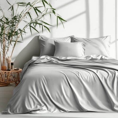 Lanqinglv Parure de lit 220 x 240 cm - En 100 % bambou Lyocell - Gris argenté - Avec fermeture éclair - Certifié Oeko-TEX - Housse de couette de luxe lisse 220 x 240 cm et 2 taies d'oreiller 80 x 80
