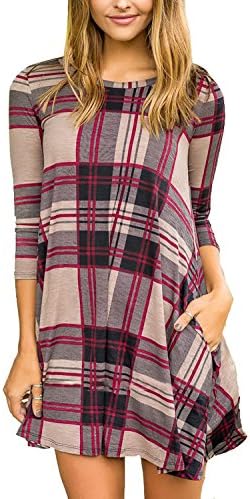 Wordbuy Women's Plaid Stripe Grid 3/4 Sleeve Side Pockets Casual Loose Shirt Dress