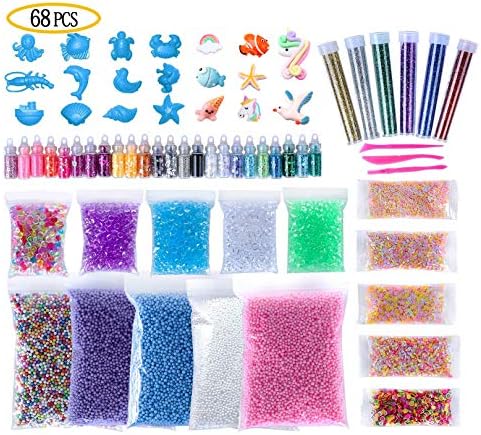 uBook 68 Pack Arts And Crafts For Kids Slime Kit Supplies DIY Accessories Kit Slime Glitter Fishbowl Beads Foam Beads and Glitter Set