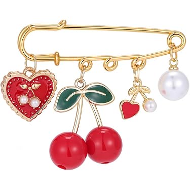 Red Cherry Charm Safety Pin Brooch with Pearls Pandora Sterling Silver Safety Pin Brooch Pendant Holder  main image 2