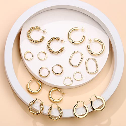 Yesteel 9 Pairs Gold Hoop Earrings for Women, 14K Real Gold Plated Chunky Hoop Earrings Set for Women Hypoallergenic Thick Lightweight Earring for Womens Jewelry Gifts
