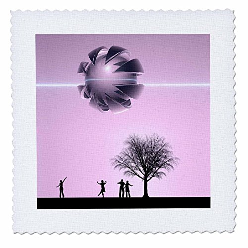 3dRose qs_19213_1 UFO Sighting Residents of Earth Excite in Their Vision of an Alien UFO Overhead Quilt Square, 10 by 10-Inch