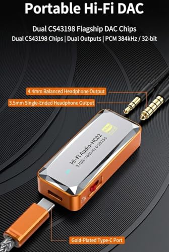 Pisendra DAC USB C Amplificador de Auriculares, Dongle DAC Portátil CS43198, 3,5 mm y 4,4 mm, Hi-Res 32 bits/768 kHz, DSD256, Adaptador Audio para IEM, Smartphone, Tablet y PC, Naranja | DAC USB C CS43198, Hi-Res, salidas 3,5 mm y 4,4 mm