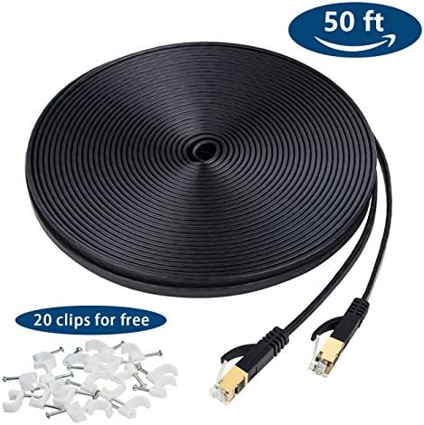Ethernet Cable 50 FT Cat 7, High Speed 10 Gigabit Flat Internet Cable with Clips, Outdoor Network Patch Cord with Snagless Rj45 Connectors for PS4, Xbox,Computer Switch,Modem,Router - 15 Meters,Black