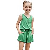 Mirawise Girls Romper Sleeveless Jumpsuit Button Kids Summer Clothes Casual Outfits V Neck Tie Front Shorts with Pocket 4-13Y
