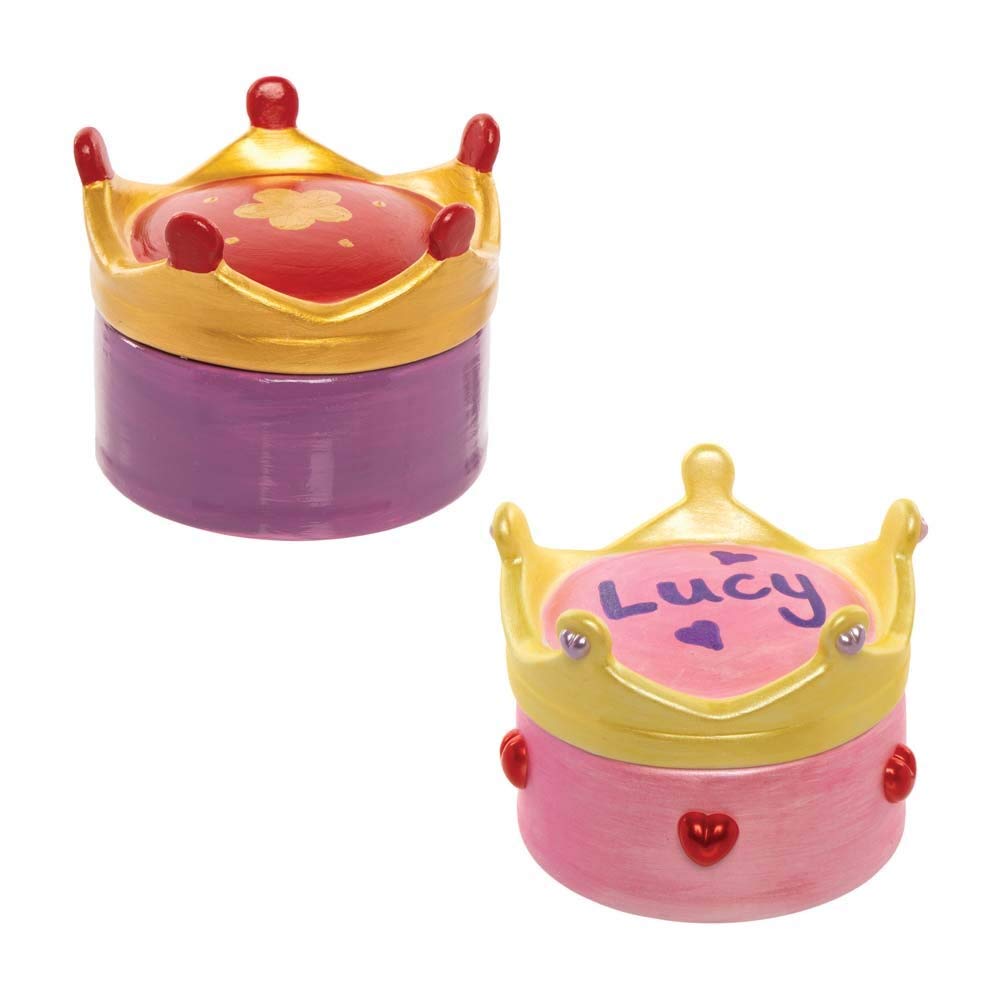 Baker Ross FE285 Princess Crown Ceramic Trinket Box - Pack of 3, Craft Storage Jewellery Box for Children to Decorate
