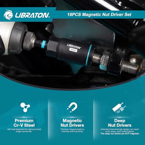 LIBRATON 18-Piece Magnetic Socket Impact Drivers, Deep Socket, Metric Nut Drivers, 5-14mm Sockets and Deep 6-17mm, Bit Holder, Storage Box
