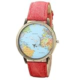 Inkach® Women Global Travel By Plane World Map Dress Watch Denim Fabric Leather Band Wrist Watches (Red)