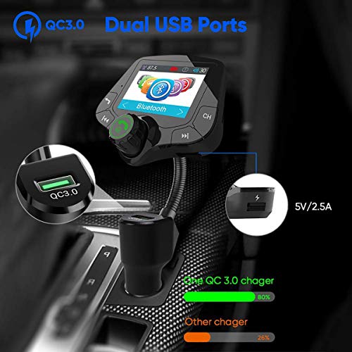 VR-robot Bluetooth FM Transmitter for car, Wireless Radio Adapter Hands-Free 2'' Color Display, with QC3.0 Fast Charging, 6 EQ Mode, AUX Input/Output, 3 USB Ports Charger, TF Card U-Disk Music Player