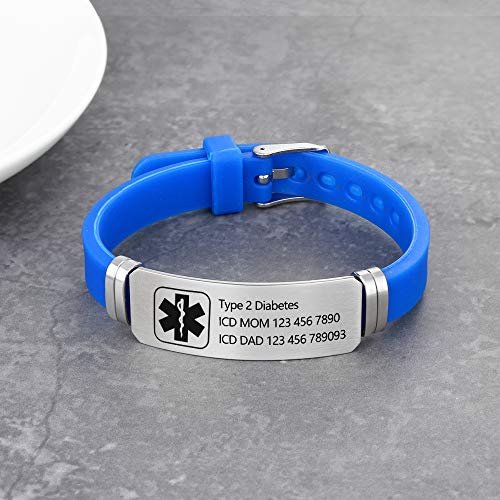 Free Engraving 9 Inches Silicone Adjustable Medical Bracelets Emergency ID Bracelets For Men Women Kids Stainless Steel Rubber Alert Bracelets (Blue) - Thumbnail 3