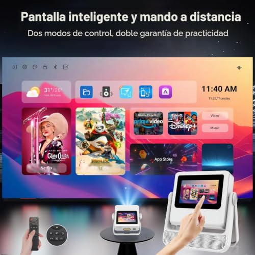 4K Portable Projector with Smart Touch Screen, 1100 ANSI Outdoor Mini Projector, Auto Focus and Trapezoid Correction, WiFi 6 Bluetooth HDR10+, 1000+ Apps, Home Theater