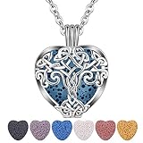 CELESTIA Essential Oil Lava Stone Diffuser Necklace, Tree of Life Heart Aromatherapy Locket Pendant with 7 Reusable Coloured Lava Stones - 24
