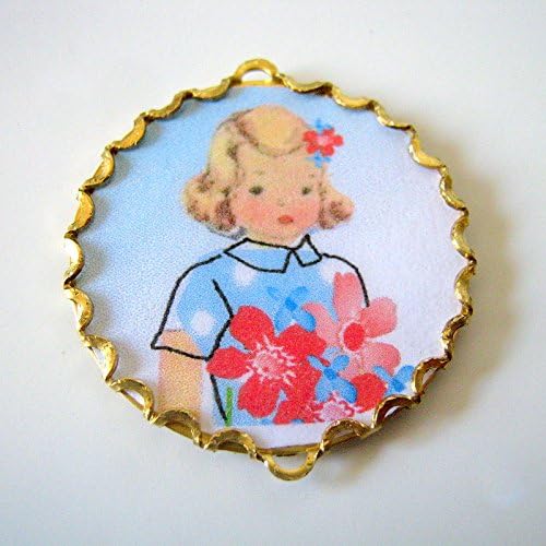 Vintage Girl with Flowers Cabochon Needle Minder, Cross Stitch, Embroidery, Needlepoint