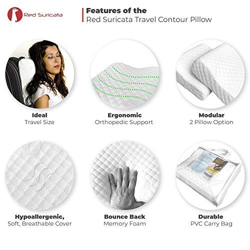 Red Suricata 2 Travel Contour Pillows & Double Pillowcase Bundle – Compact Therapeutic Memory Foam Travel Pillow - Bamboo Cover – 3 Firmness Levels - Connect 2 for Full Size Pillow (Regular)