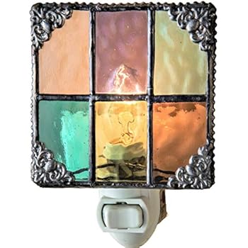 J Devlin NTL 165 Multi Colored Stained Glass Night Light Peach Purple Green Aquamarine Amber Burgundy Decorative Home Accent Lite