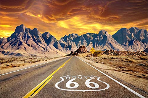 AOFOTO 8x6ft Sunset Scene Route 66 Road Backdrop Vinyl America Wild West Historic Highway Pavement Sign in Vast California Mojave Desert Mountains Background for Photography Photo Studio Props