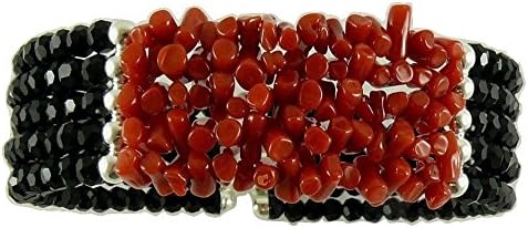 Italian Coral &amp; Black Onyx 5 Strands Cuff Bangle set in Sterling Silver Setting