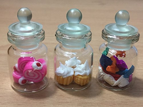 3 pc Miniature Cake Food Candy Cookie Dollhouse Cake Donut in Clear Glass Mini Bottle fruit Food #MF013