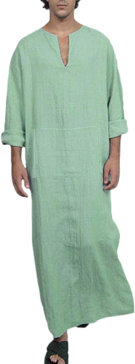 Men's Casual Linen Robe Long Sleeve V-Neck Kaftan Abaya Thobe Long Gown