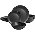 Dinnerware Sets 12 pcs Black Plates and Bowls Sets Melamine Plates Indoor and Outdoor use Matte Black Dish Set Plate Set for 4 Dishwasher Safe(Round)