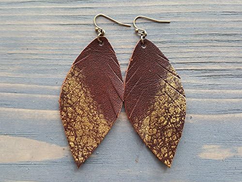 Brown Boho Earrings. Leather Feather Earrings. Bohemian Earrings. Long Boho Earrings. Leather Leaf Earrings. Bohemian Leather Jewelry.