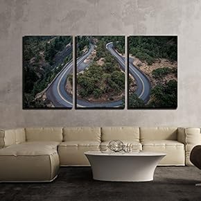 3 Piece Canvas Wall Art - Curves Winding Road High View in Mountains - Modern Home Art Stretched and Framed Ready to Hang - 16"x24"x3 Panels
