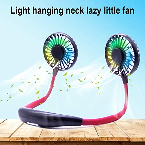 Portable Hanging Neck Sports Fan With LED Light - Hands Free USB Rechargeable Personal Dual Wearable Neckband Fan, Portable Fan Rechargeable Mini Necklace Fan for Office (Red)