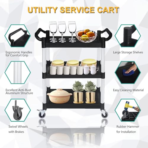 3-Tier Utility Carts with Wheels, Black Rolling Service Cart or Office Warehouse Garage Workshop Restaurant, 400lbs Capacity 80 * 42 * 96Cm