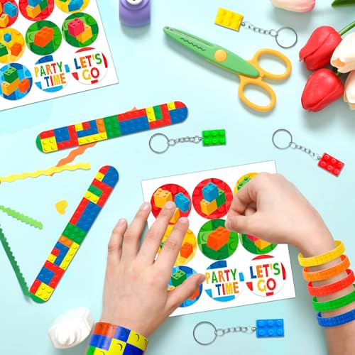 62 Pcs Building Blocks Party Favors Set- Building Block Favor Bags Keychains Slap Bracelets etc Building Block Themed Party Favors
