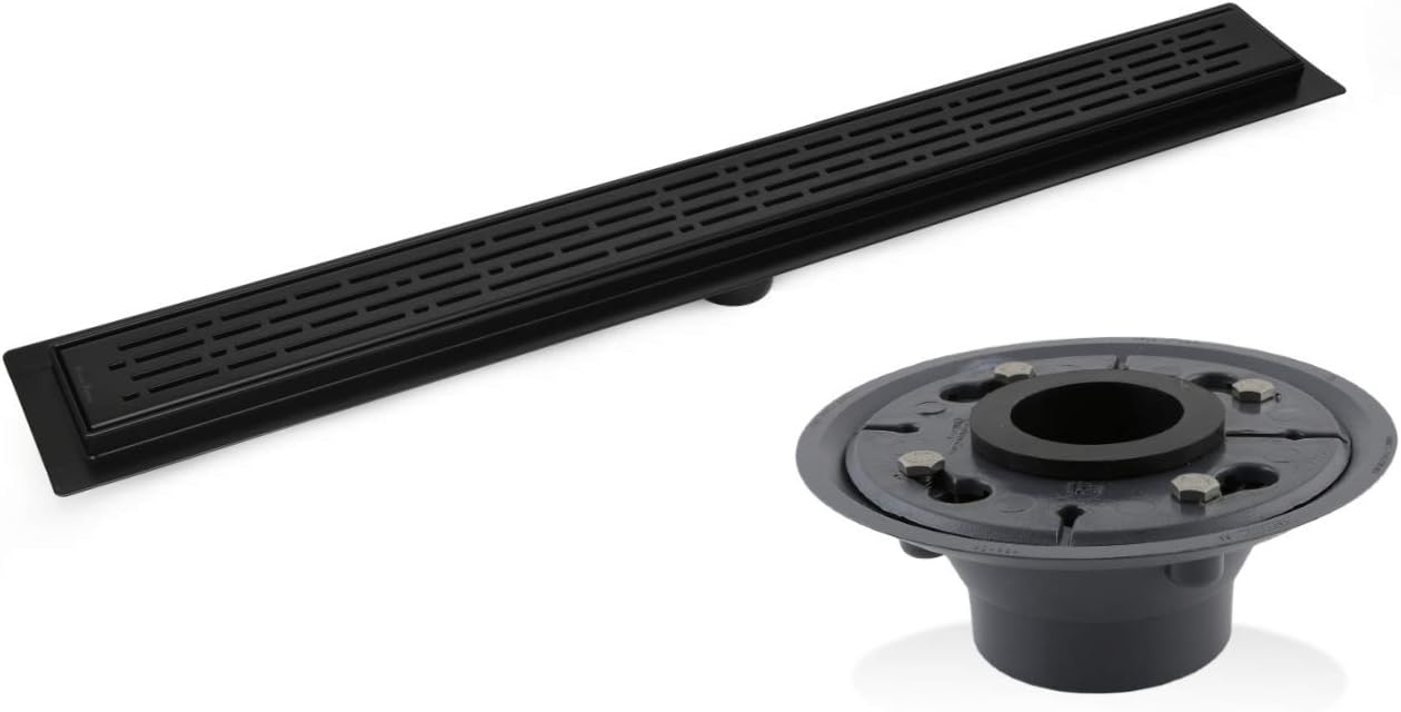SereneDrains Matte Black Linear Shower Drain Bundle with 2 Inch ABS