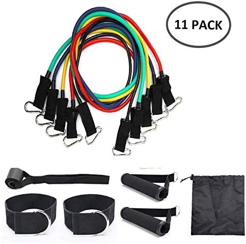 CUNXIA Exercise Resistance Bands 11 PCS Set,Fitness Stretch Workout Bands with Tubes-5 Tubes, 2 Hand Grips, Door Anchor, Ankle Straps, Carrying Pouch-Yoga, CrossFit, Pilates for Yoga Gym Workout Bodybuilding