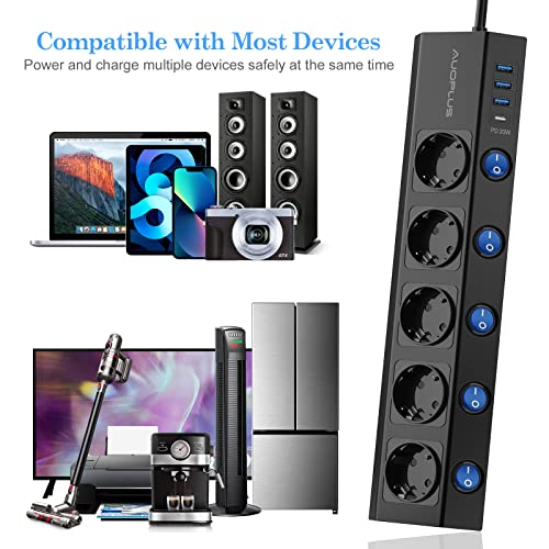 Power Strip, Individually Switchable, 5-Way Power Strip, Wall Mounted with 1 USB-C Quick Charger (PD 20 W) and 3 USB Power Strips, Multiple Socket with Surge Protection (3680 W/16 A), 2 m Cable