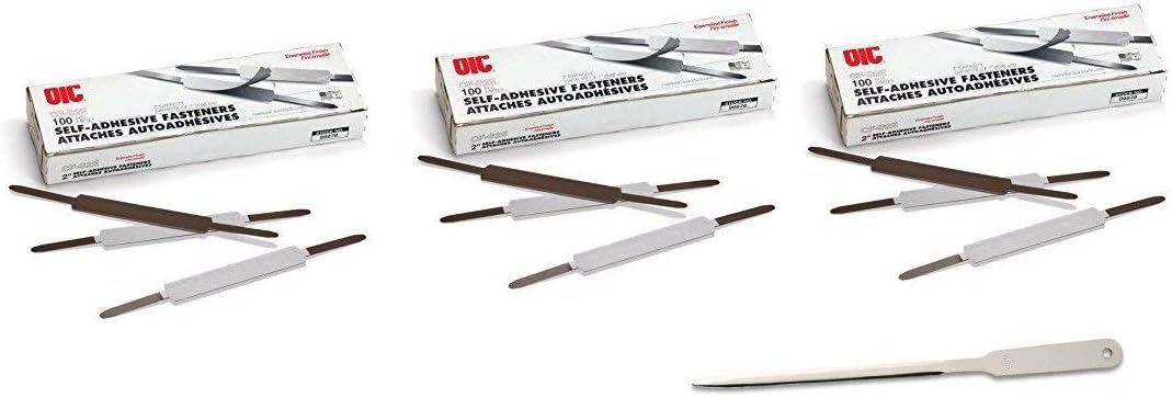 Officemate Self Adhesive Prong Paper Fasteners, Matte Steel Finish, 2 inch Capacity, 2.75 inch Base, 100 Per Box, Sold as 3 Box, 300 Fasteners Total (99858)
