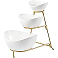 LYEOBOH 3 Tier Serving Bowls Set Tiered Serving Stand, Porcelain Oval Bowls with Collapsible Metal Stand for Entertaining, Party, Dessert Display, Candy, Chip and Dip (Gold)