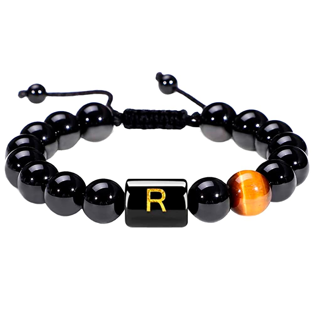 Photo 1 of 10MM Black Onyx Stone Initial Bracelet for Men Letter Link Handmade Tiger Eye Bead Braided Rope Bracelet Gifts Mens Bracelet (R)