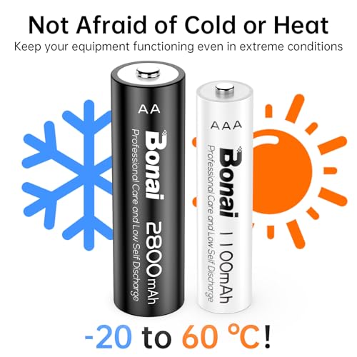 BONAI 24 Pieces AA/AAA Rechargeable Batteries, High Capacity Battery 2800/1100 mAh 1.2 V 1200 Cycles AA Rechargeable NI-MH, AAA Rechargeable Pre-charged, Low Self-Discharge