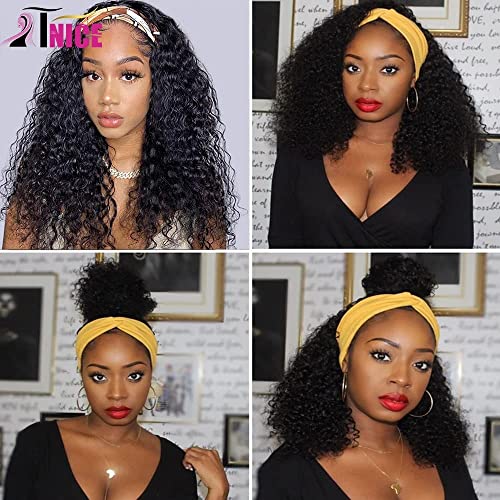 TNICE Women's Brazilian Curly Headband Wig No Lace Front Headband Wigs Human Hair Wigs for Women Black Natural Color 150% Density (12 Inches)
