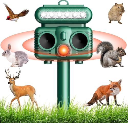 OBEST Solar Powered Animal Deterent, Ultrasonic with Light for Home Yard, Waterproof Animal Chase Device for Cat Raccoon, Sound Frequency 8kHZ