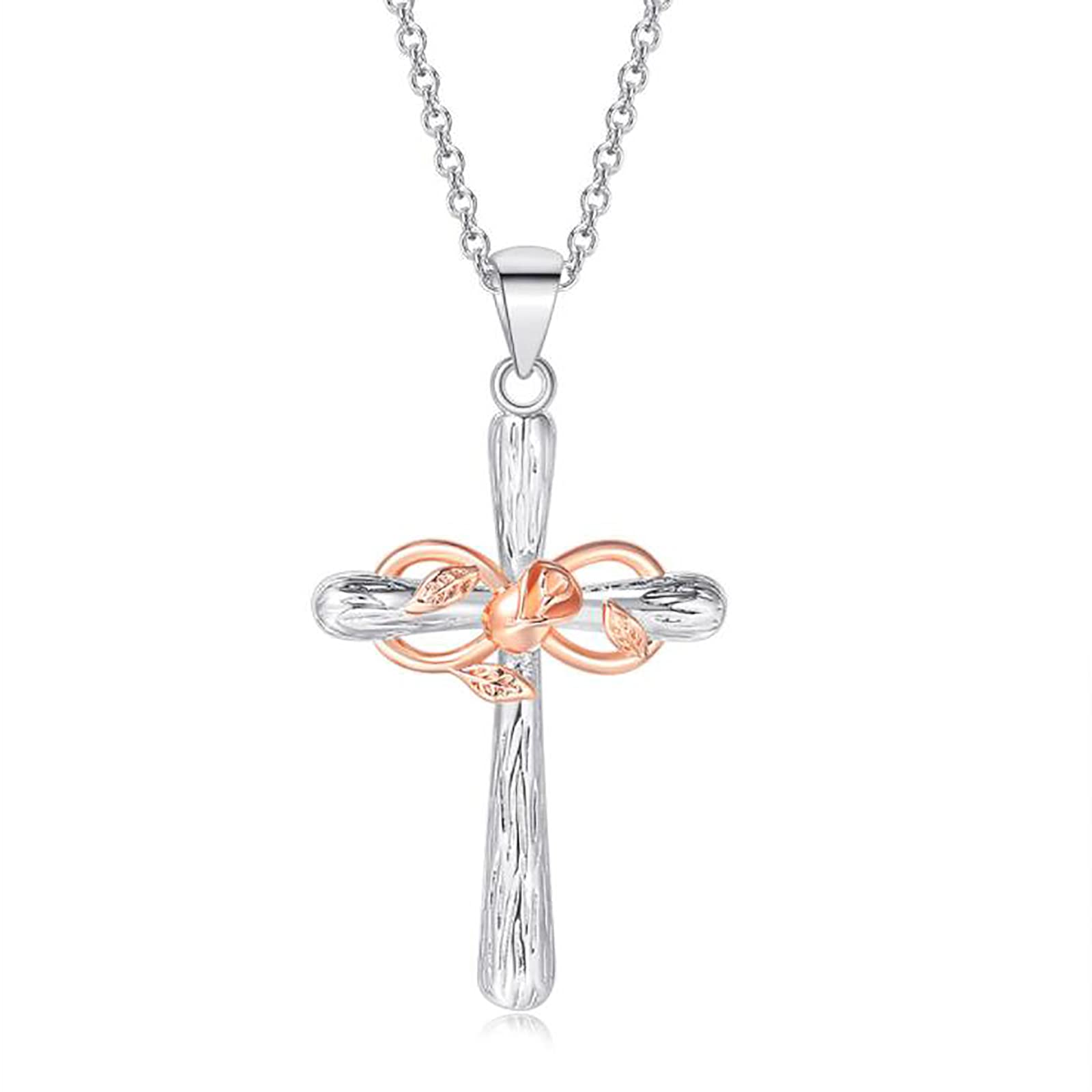 Cross Infinity Pendant Necklace Rose Flower Lucky 8 Crucifix Necklace Christian Religious Floral Chain Jewelry for Women Girls (Silver)