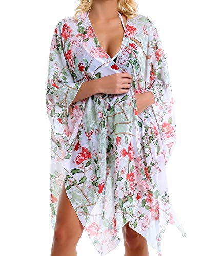 Outrip Women Swimsuit Bathing Suit Beach Cover up Chiffon Floral Kimono Cardigan (A (18) - White with Red Camellia Flowers) - Thumbnail 4