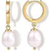 Fiusem Pearl Drop Earrings for Women, 14K Gold Plated Small Huggie Hoops with Pearl Dangle Earring for Women