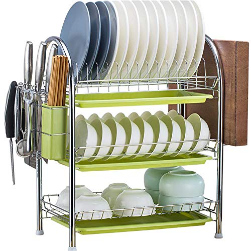 Dish Rack,Utensil Racks Kitchen Plate Rack 3 Tier Dish Drainer 15.3 x 9.8 x 18.9 Inches Silver Stainless Steel Dish Drying Rack with Removable Drain Board,Cutlery Drying Basket,Cutting Board Holder
